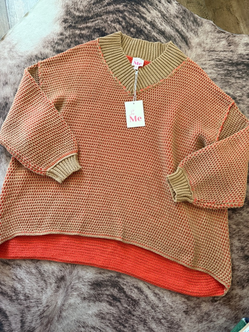ME Makeover Essentials Two-Tone Scoop Knit Sweater - Tan & Orange